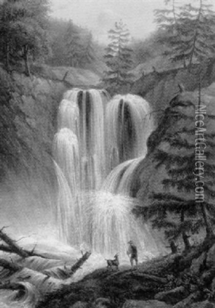 A Waterfall Oil Painting - George Willem Opdenhoff