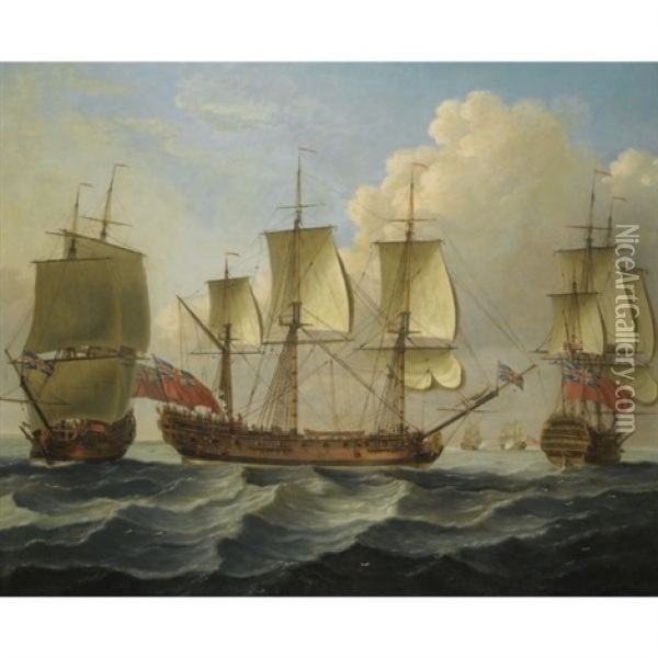An East Indiaman In Three Positions Oil Painting - John Cleveley