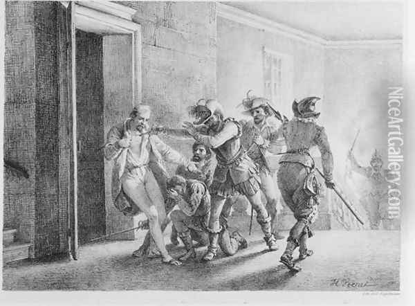 The Assassination of Wallenstein , lithograph by Gottfried Engelmann Oil Painting - Horace Vernet