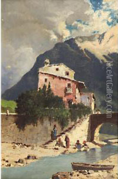 Lavandaie Sul Fiume Oil Painting - Giuseppe Garzolini