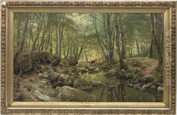 A Stream In A Tranquil Wooded Landscape Oil Painting - Peder Mork Monsted