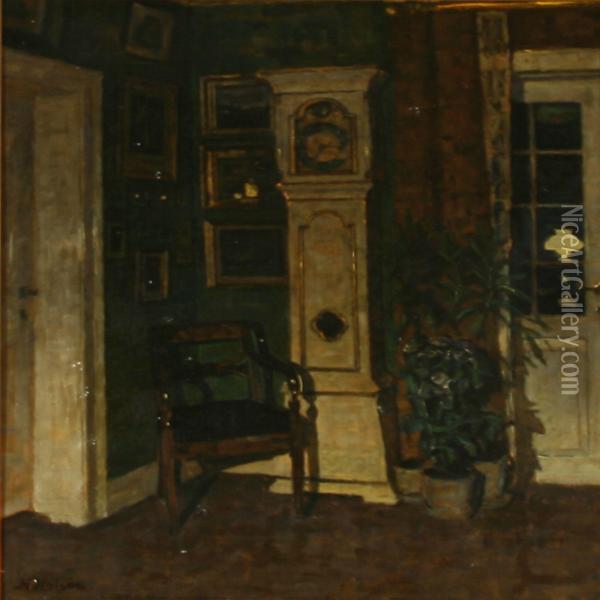 Interior With A Grandfather Clock Oil Painting - Niels Holsoe