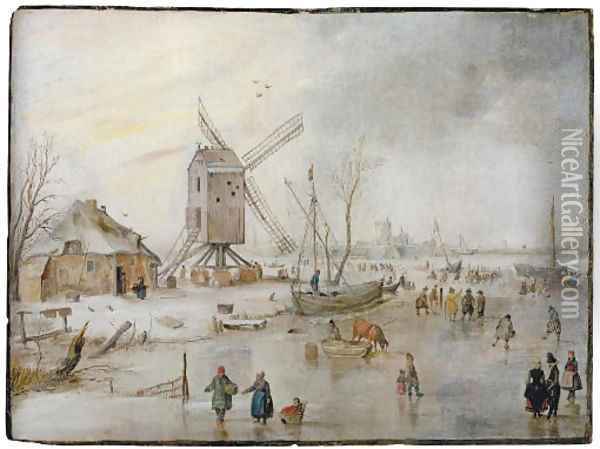 A winter landscape with figures on a frozen river near a windmill Oil Painting - Hendrick Avercamp