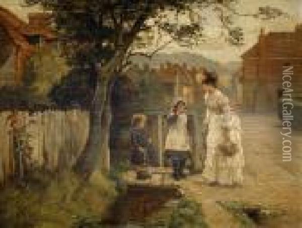 Woman And Children On A Village Street Oil Painting - Arthur Verey