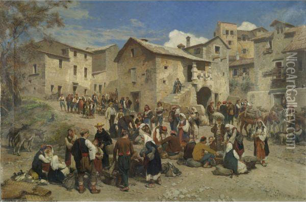 Market In Sarajevo Oil Painting - Alois Schonn