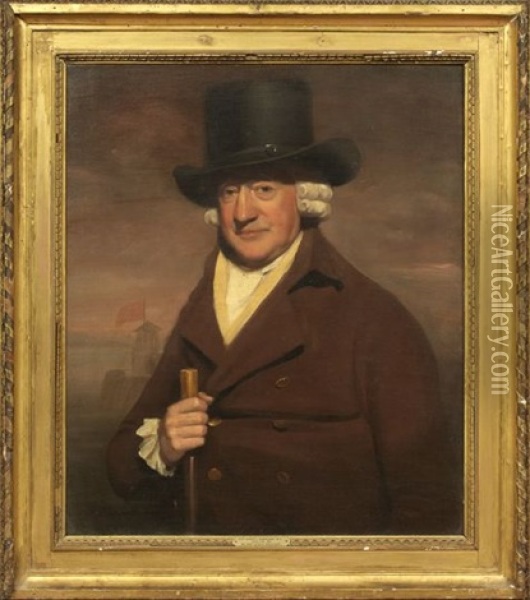Portrait Of A Gentleman Merchant, A River Landscape Beyond Oil Painting - Sir Henry Raeburn