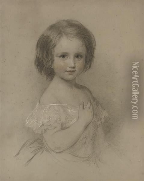 Portrait Of A Young Girl, Half-length, In A White Dress(illustrated); And Portrait Of A Girl, Half-length, With Her Handsresting On A Sofa Oil Painting - Eden Upton Eddis