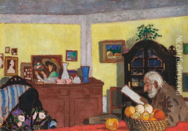 Uncle Piacsek In Front Of The Black Sideboard (uncle Piacsek In The Yellow Room, Uncle Piacsek Reading In Front Of The Black Sideboard) Oil Painting - Jozsef Rippl-Ronai