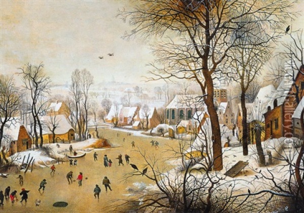 Winterlandschap Met Schaatsers En Vogelknip Oil Painting - Pieter Bruegel the Elder