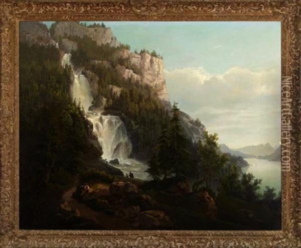 Extensive Alpine Landscape With Waterfall Oil Painting - Arnold Albert Jenny