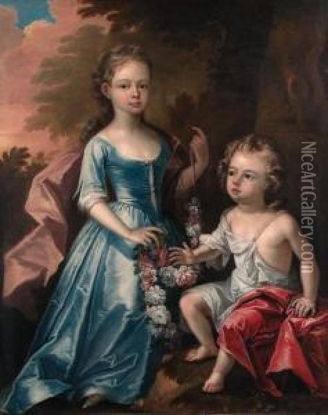 Double Portrait Of A Young Girl,
 Full-length, In A Blue Satin Dressand Mauve Wrap, Holding A Wreath Of 
Flowers, And A Young Boy Inclassical Dress, In A Wooded Landscape Oil Painting - James Francis Maubert