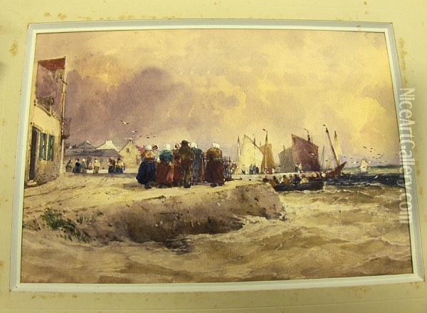Figures On A Quay Oil Painting - Thomas Bush Hardy