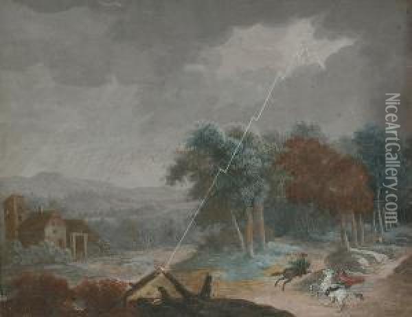 A Wooded Landscape With Horsemen Taking Shelter In A Storm Oil Painting - Christophe-Ludwig Agricola