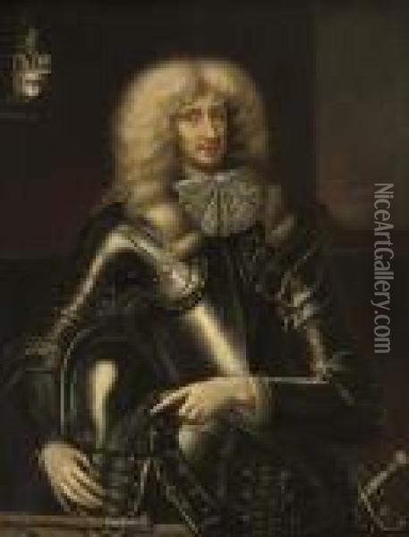 Portrait Of A Gentleman 
Traditionally Identifed As Francis Cressett (b. C.1612), 
Three-quarter-length, In Armour, Holding A Helmet Oil Painting - William Wissing or Wissmig