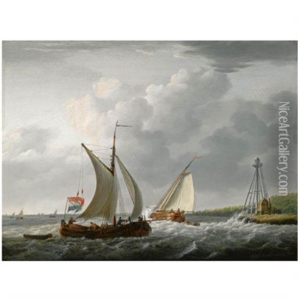 Sailing Vessels Off The Coast Oil Painting - Jan Hendrik Boshamer