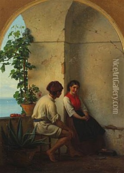 A Young Italian Couple In A Loggia By The Sea Oil Painting - Anton Laurids Johannes Dorph