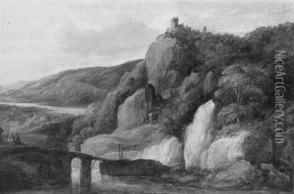 Pilgrims In A Mountainous River Landscape - A Fragment Oil Painting - Frans de Momper