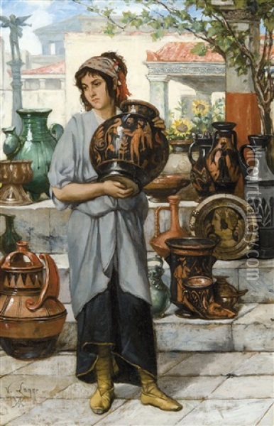 La Jeune Vendeuse De Ceramiques Grecques Oil Painting - Victor Lagye