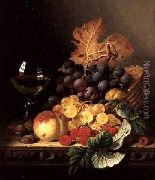 A Basket of Grapes Raspberries a Peach and A Wine Glass on a Table Oil Painting - Edward Ladell