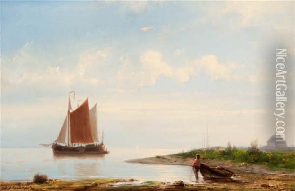 Unloading The Anchored Ship Oil Painting - Johannes Hermanus Barend Koekkoek