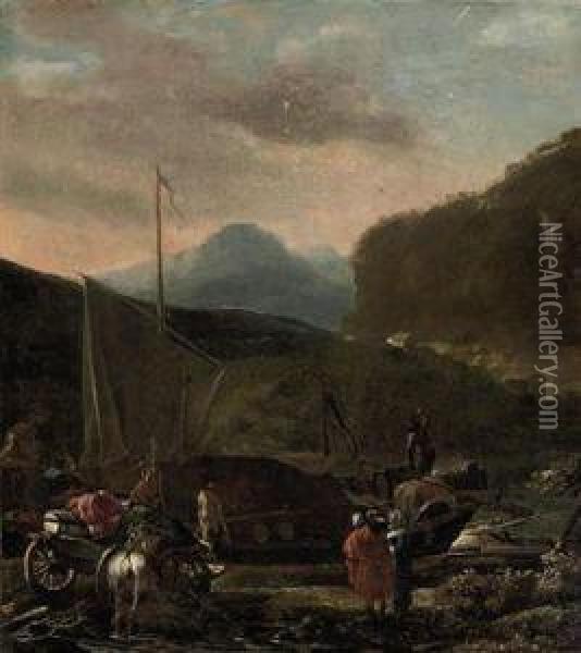 A River Landscape With A Ship 
Carrying Cargo, Travellers With Theirhorse And Cart On A Bank Oil Painting - Adam Pynacker