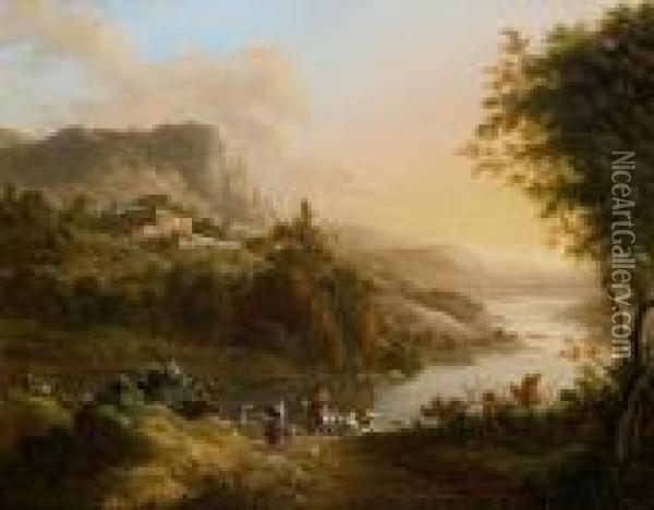 Horsemen And Peasants In An Extensive River Landscape Oil Painting - Johann Christian Vollerdt or Vollaert