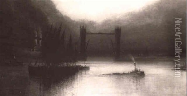 The Thames At Tower Bridge By Moonlight Oil Painting - Arthur E. Grimshaw