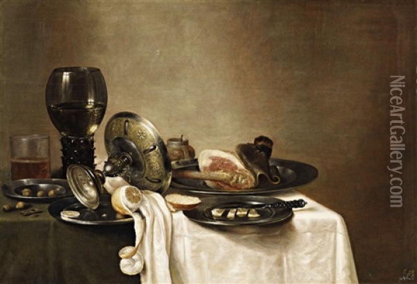 Still Life With A Leg Of Lamb, A Peeled Lemon, Two Glasses And Pewter Dishes On A Table Oil Painting - Willem Claesz Heda