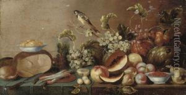 Melons, Peaches, Pears, Grapes 
On The Vine And Other Fruit, With A Bluetit, Radishes On A Platter, 
Bread, Butter And A Knife, On A Partially Draped Table Oil Painting - Floris Gerritsz. van Schooten