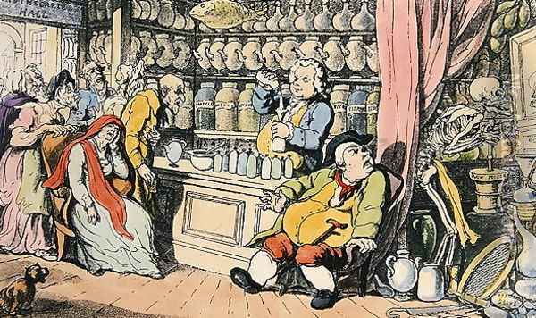Death and the Apothecary or The Quack Doctor, illustration from The English Dance of Death, published by R. Ackermann, London 1815-17 Oil Painting - Thomas Rowlandson
