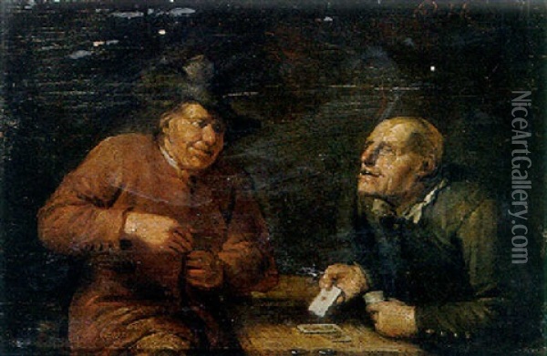 Boors Playing Cards At A Table Oil Painting - Egbert van Heemskerck the Elder