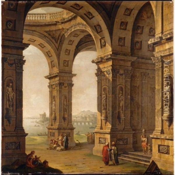 Architectural Capriccio With Figures In Oriental Dress Amongst Ruins Oil Painting - Antonio Joli