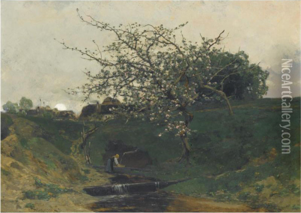 A Maid Fetching Water Under A Tree Oil Painting - Adolf Gustav Ditscheiner