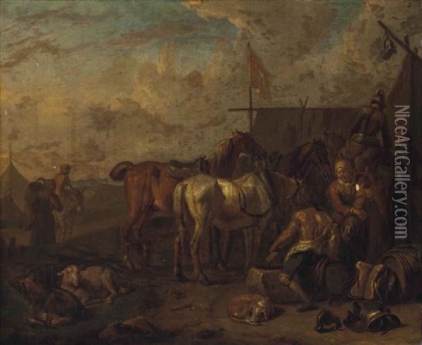 An Encampment With Soldiers And Horses At Rest Oil Painting - Pieter van Bloemen