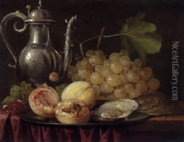 A Silver Ewer, A Bunch Of Grapes With Peaches And Oysters On A Pewter Plate, On A Partially Draped Table Oil Painting - Abraham van Beyeren