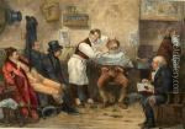 Fifty Years Ago In A Barber's Shop Oil Painting - Frederick Barnard