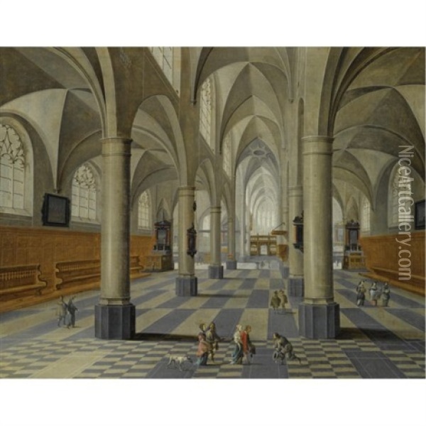The Interior Of A Cathedral With An Elegant Company Being Greeted By Another Gentleman Oil Painting - Peeter Neeffs the Elder
