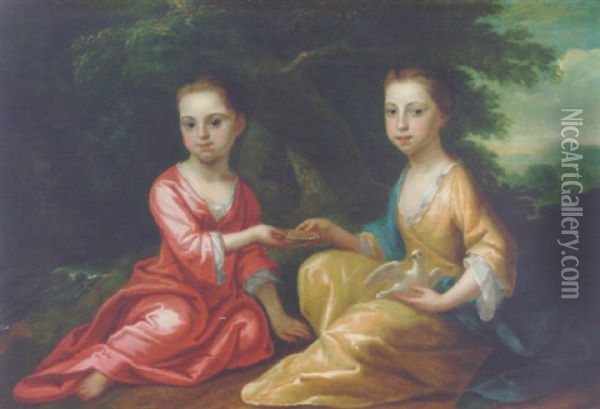 Portrait Of Two Children, One In A Red Dress, The Other In A Yellow Dress, Holding A Dish Of Water And A Dove Oil Painting - Thomas Frye