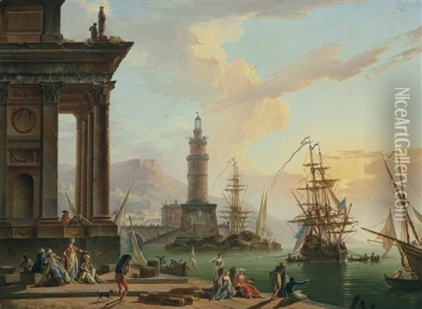 A Mediterranean Port With Elegant Figures In Oriental Costume And Fisherfolk On The Shore, A Dutch Man-o-war Beyond Oil Painting - Charles Francois Lacroix