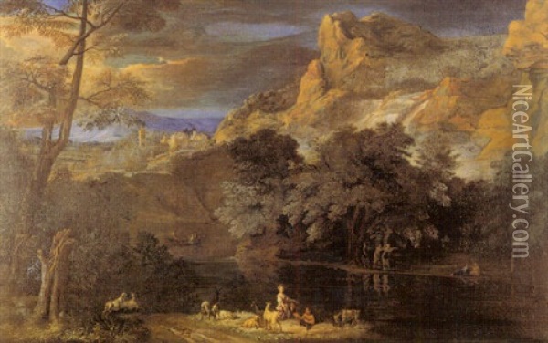 Scene Pastorale Et De Tir A L'arc Dans Un Paysage Montagneux Oil Painting - Gaspard Dughet