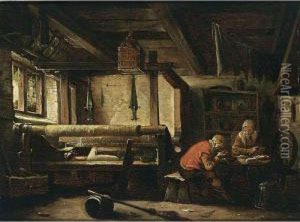 A Weaver's Workshop With A Couple Eating At A Table Oil Painting - Cornelius Decker