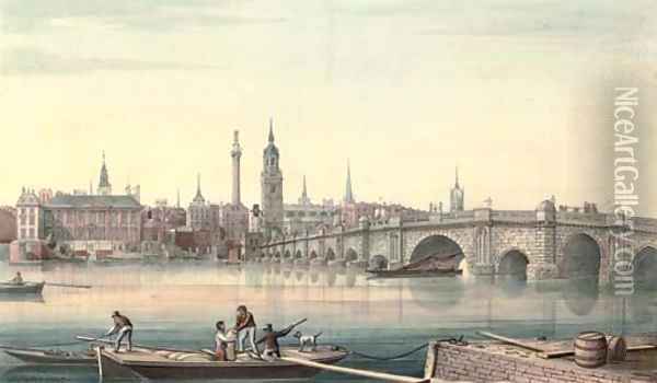 View of Old London Bridge from the south bank looking towards Fishmongers Hall and The Monument Oil Painting - Gideon Yates