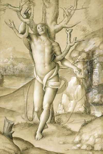 Saint Sebastian in an extensive landscape Oil Painting - Gerolamo Giovenone