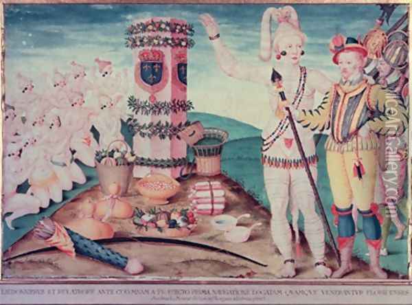 Rene Goulaine de Laudonniere 1529-82 and Chief Athore in front of Ribaults Column Oil Painting - Jacques (de Morgues) Le Moyne
