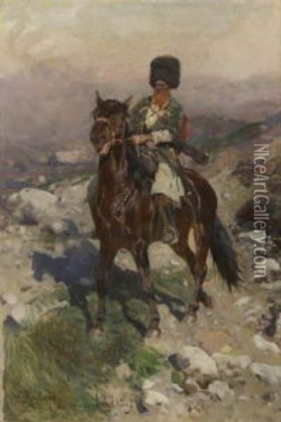 Kosake Zu Pferd In Gebirgslandschaft Oil Painting - Franz Roubaud