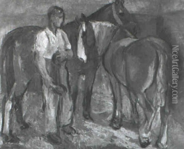 Junger Schmied Mit Zwei Pferden Oil Painting - Karl Scheld