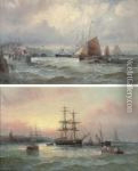 Crowded Waters Off A Channel Port; And Shipping At Dusk Oil Painting - William A. Thornley Or Thornber