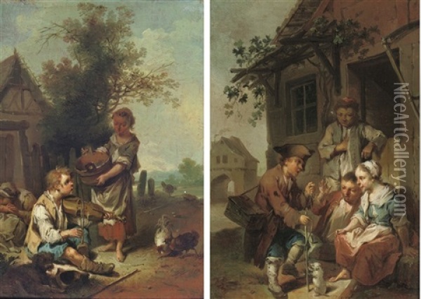 A Boy Musician With A Washer Girl (+ A Street Vendor With Peasant Children; Pair) Oil Painting - Johann Conrad Seekatz