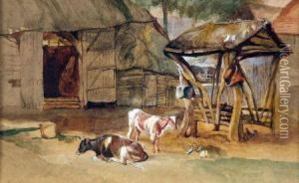 Farmyard With Two Calves Oil Painting - John Middleton