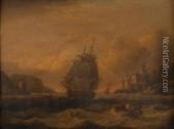 A Mastedship And Rowing Boats In An Estuary Oil Painting - Thomas Luny